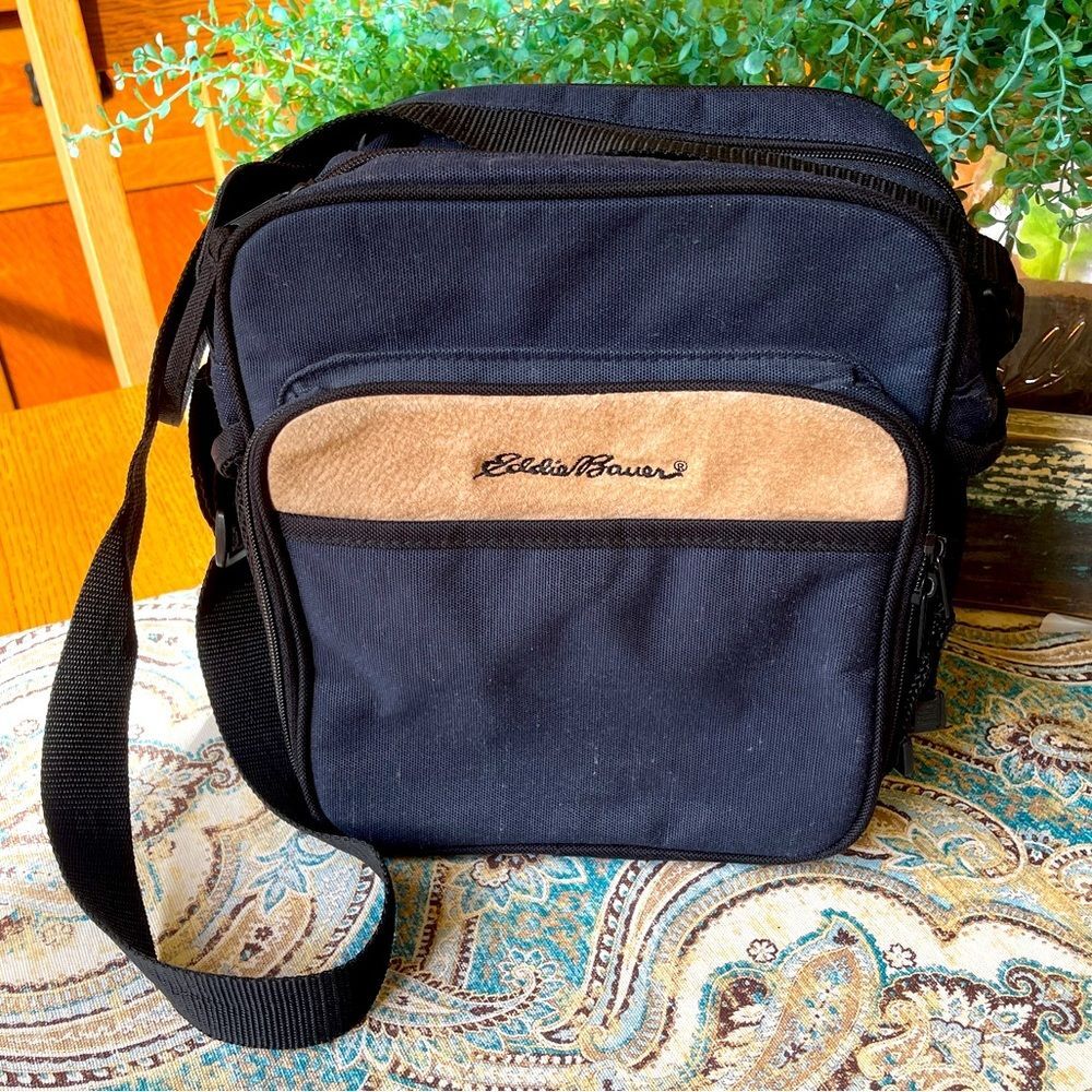 Eddie Bauer pigskin leather and canvas bag blue @ camel colored pigskin